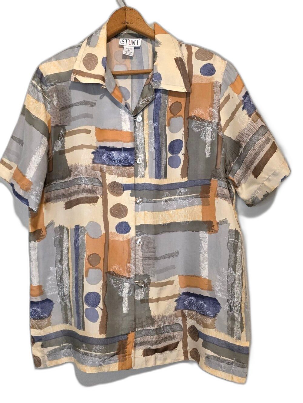 Vintage Stunt 100% Silk Button Front Shirt Artsy Abstract Floral Washable Small
